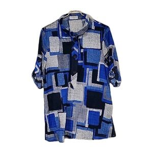 Terra SJ Apparel Top Women Sz Small Geometric Blue Art to Wear Wire Collar Shirt